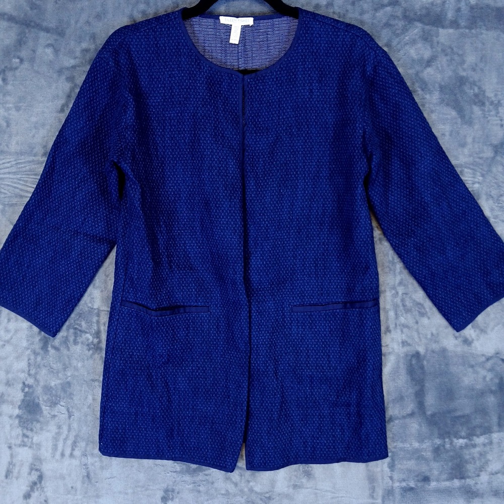 Eileen Fisher Jacket Womens PP Blue Open Front Textured Knit Minimalist Cardigan